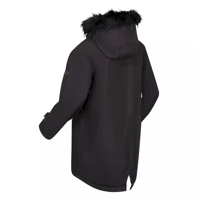 Regatta Childrens/Kids Adelyn Waterproof Parka (Black) Material: 100% Polyester. Fabric: Pongee. Lining: Taffeta. Design: Logo. Fabric Technology: Breathable, DWR Finish, High Warmth, Isotex 5000, Quick Dry, Thermo-Guard, Waterproof, Windproof. Insulated, Reflective Detail, Taped Seams. Cuff: Adjustable, Snap Fastening. Neckline: Hooded. Sleeve-Type: Long-Sleeved. Hood Features: Faux Fur Trim, Grown On Hood. Pockets: 2 Lower Pockets, Snap Fastening, Flap Closure. Fastening: Full Zip, Zip Guard. 5000g/m²/24hrs. Hem: Fishtail.