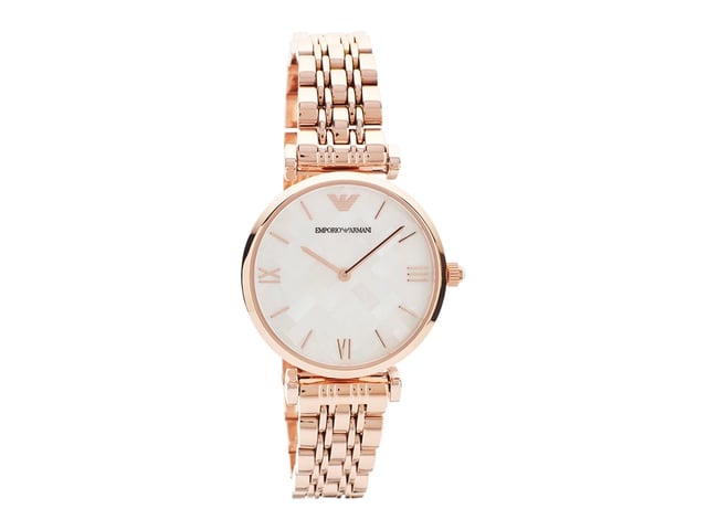 A very pretty Emporio Armani watch with rose tone styling throughout. The 32 x 6mm rounded rose tone case houses an unusual mother of pearl geometric dial and simple rose dial accents, whilst the attractive gate bracelet features adjustable links and a hidden folding clasp. Water resistant 30m. Band Material: Metal Bracelet Band Length: Mens Standard Movement Type: Quartz Case Colour: Rose Gold Tone Case Shape: Round Dial Colour: Mother of Pearl Display Type: Analogue Water Resistance: 30m Warranty Type: Manufacturer Warranty Description: 2 Years