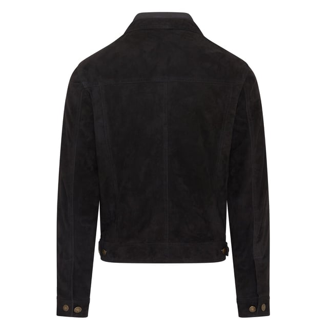 Introducing the Men's Trucker Casual Goat Suede Leather Shirt Jeans Jacket. This stylish, denim-inspired shirt is reimagined in the softest goat suede leather, offering a luxurious feel with a nod to 70's Americana. The slim-fit design makes a bold style statement, while the press button fastening, adjustable waistband, and cuffs add comfort and versatility. Perfect for pairing with your favorite jeans and boots, this retro jacket combines classic and contemporary effortlessly.

Slim fit for a modern silhouette
Press button fastening for easy wear
Adjustable waistband and cuffs for customized comfort
Soft goat suede leather for a luxurious feel
Inspired by 70's Americana for a timeless style