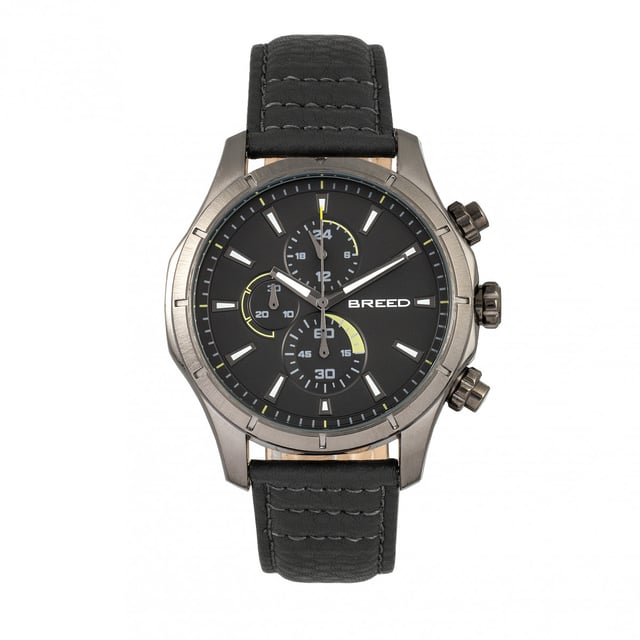 Brushed Alloy Case; Precision Japanese Quartz Movement; Full-Function Chronograph; Non-Glare Scratch Resistant Mineral Crystal; Logo-Engraved Stainless Steel Caseback; Genuine Leather Crocodile-Embossed Strap; Logo-Engraved Stainless Steel Clasp; Luminous Hands; Luminous Markers; 24-Hour Sub-Dial; 47mm Case Diameter; 5 ATM Water Resistance;