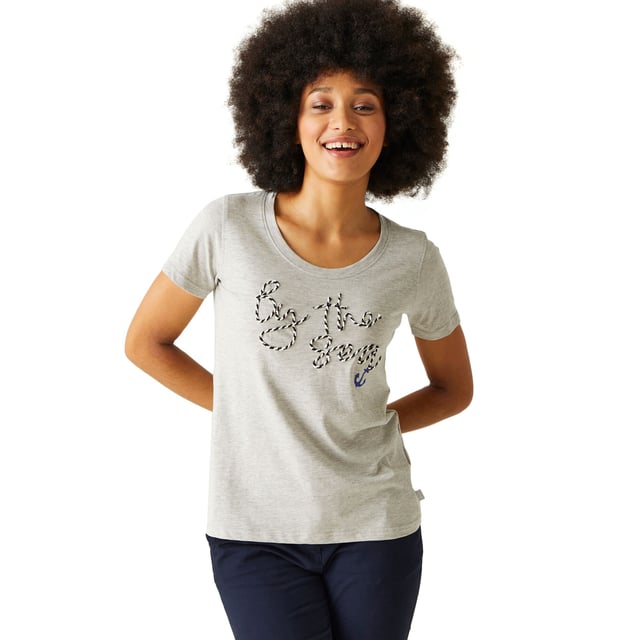 95% Cotton, 5% Viscose. Fabric: Marl, Soft Touch. Design: Embroidered, Text. Neckline: Crew Neck. Sleeve-Type: Short-Sleeved. Fabric Technology: Breathable. 160gsm. Sustainability: Sustainable Materials.