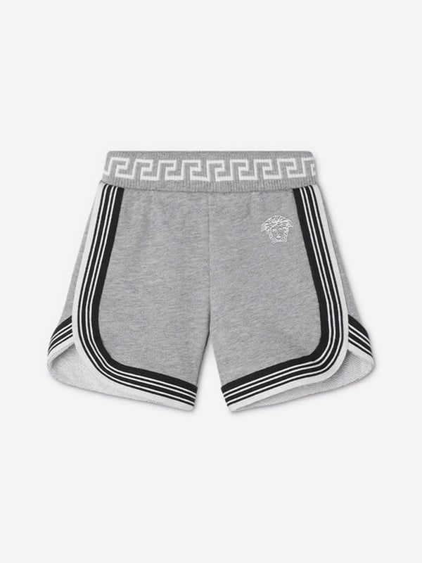 Versace envision bold, innovative abstracts in their beautifully crafted aesthetics. These baby boys shorts capture the Italian label's passion for daring and unparalleled technology. Crafted withan elastic waistband adorned with a geometric Greek pattern, side stripes and a subtle logo emblem.‚ Cuffs With Double Stripes‚ 100% Cotton ‚ 100% Cotton