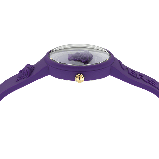 This Versace Medusa Pop Analogue Watch for Unisex is the perfect timepiece to wear or to gift. It's Purple 39 mm Round case combined with the comfortable Purple Silicone watch band will ensure you enjoy this stunning timepiece without any compromise. Operated by a high quality Quartz movement and water resistant to 3 bars, your watch will keep ticking. This high quality watch is an incredible eye-catching Unisex watch. This Analogue watch has a has a Swiss Made Movement High quality 20 cm length and 18 mm width Purple Silicone strap with a Buckle Case diameter: 39 mm,case thickness: 12 mm, case colour: Purple and dial colour: Purple