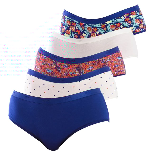 Pack of 5 Panties DIM Cotton Stretch Comfort.
 Rubber waistband.
 Detail of the brand logo embroidered on the waistband.
 Elastic and breathable fabric.
 Tonal interior lining.
 Seams seen in tone.
 The limitless comfort of elastic, soft and extensible cotton.
 The covering and minimalist shape of these women's panties are a basic.
 Made of very soft elastic cotton and with a contrast waistband.
 Eco-responsible initiative.
 Reusable bag.
 Composition: 95% Cotton; 5% Elastane
 Care:
Wash at 40°C.
 Do not use a dryer machine.
 Do not bleach.
 Do not iron