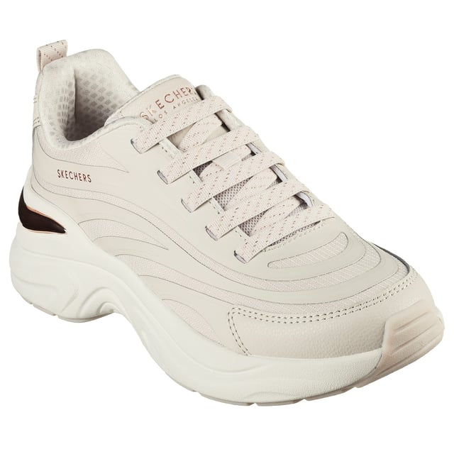 Hazel Step N Flow Trainer Boost your look with a trend forward statement in Skechers Street Hazel. This fashion sneaker features a hotmelt trimmed synthetic and mesh upper with metallic heel-cup detail, gold-flecked stretch laces, and a cushioned Memory Foam insole.