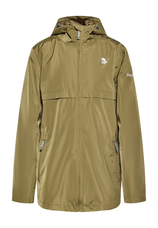 Diese wasserdichte Übergangsjacke hat eine normale Passform, einen Reißverschluss vorne und einen Stehkragen. Es verfügt über lange Ärmel, eine verstellbare Kapuze mit Kordelzug, elastische Bündchen und zwei Taschen für zusätzliche Funktionalität. Jacke aus 3000 mm wasserdichtem Material. Der schlichte Schnitt wird durch das Markenlogo auf der Brust stilvoll hervorgehoben. Perfekt für Outdoor-Abenteuer.  Regenjacke