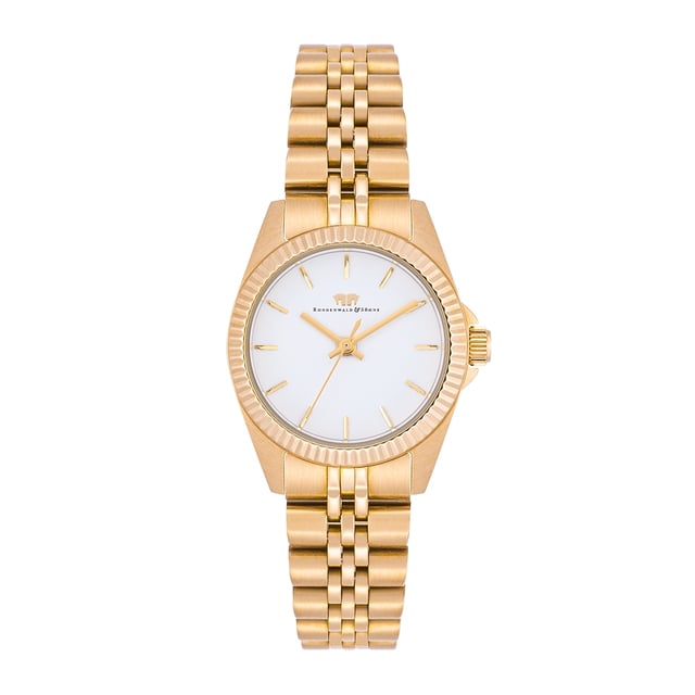 Would you like a women's watch that combines timeless optics with the quality standards of the old watchmaker's art? Then this timepiece of the Rhodenwald & Sons label is a good choice. The watch manufacturer designs stylish and sustainable masterpieces for all generations: the model inspires with a tidy dial made of mother-of-pearl, filigree barnities, obélisque devices and a grooved bezel. The satined stainless steel housing with IP finishing in yellow gold and a tuned link bracelet made of stainless steel are conclusive into the design concept. A precise quartz watchwerk, a screwed housing floor and waterproof up to 5 ATM make the equipment perfect.