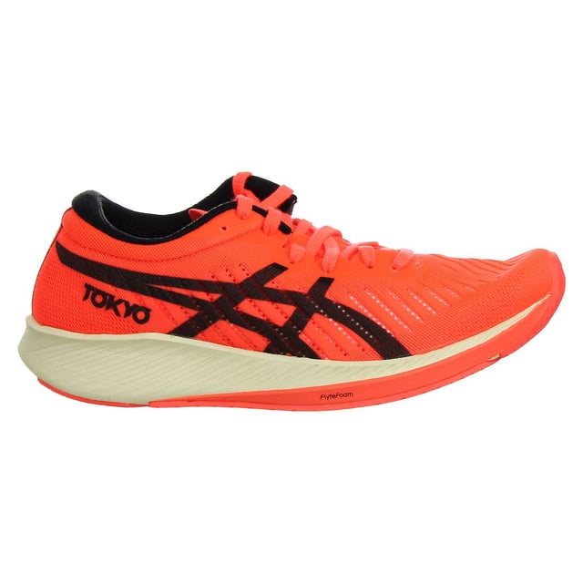 The Asics MetaRacer Tokyo Women's Red Running Trainers are a premium choice for female runners who demand exceptional performance and style. These trainers are designed to offer a competitive edge for racing and high-intensity runs while providing a bold and fashionable look. Here's a detailed description with key features:

 Race-Ready Design:  The MetaRacer Tokyo trainers by Asics are specifically designed for racing and high-performance running. Their lightweight and aerodynamic design aim to enhance speed and efficiency.

 Top-Quality Materials:  Asics is known for using high-quality materials in their footwear. These trainers are typically constructed from top-tier materials, ensuring durability, support, and comfort.

 Vibrant Red Color:  The trainers come in a vibrant red color with eye-catching accents, providing a bold and dynamic look that stands out during races and training sessions.

 Responsive Cushioning:  These trainers feature a responsive midsole that offers excellent energy return, ensuring that each stride propels you forward with maximum efficiency.

 Carbon Plate Technology:  The MetaRacer Tokyo trainers often incorporate a carbon plate in the midsole, which enhances stability and helps maintain a consistent stride during races.

 Secure Lace Closure:  The trainers typically feature a lace-up closure system that ensures a secure and customizable fit tailored to your foot shape.

 Minimalist Upper:  The upper of the shoes is designed to be lightweight and breathable, promoting airflow and reducing weight to keep you cool and comfortable during intense runs.

 Durable Outsole:  The outsole is designed to provide excellent traction and durability, ensuring grip and stability during races on various surfaces.

 Asics Branding:  You can expect to find Asics branding elements, such as the Asics logo or label, integrated into the trainers' design, reflecting the brand's commitment to quality and performance.

The Asics MetaRacer Tokyo Women's Red Running Trainers are the ultimate choice for female runners who are serious about achieving their best performance. Their striking red color and advanced features make them a standout option for those who want to make a statement on the track or during high-intensity runs.