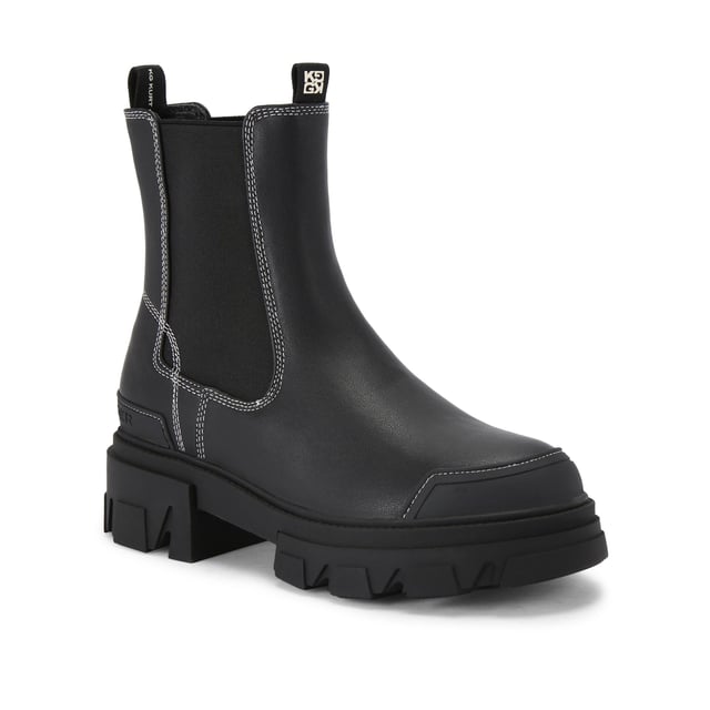 This KG Kurt Geiger Trekker Chelsea boot features a black upper with white stitching detail. There are two elasticated panels on the ankle.