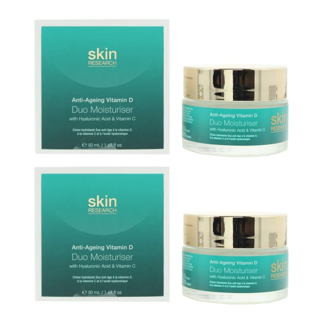 Skin Research Anti-Ageing Vitamin D With Hyaluronic Acid and Vitamin C Duo Moisturiser is a powerhouse skincare product designed to combat the signs of aging and promote a vibrant, youthful complexion. This dynamic duo combines the benefits of Vitamin D, Hyaluronic Acid, and Vitamin C for a comprehensive approach to skincare. Vitamin D is a vital nutrient known for its ability to support skin health and protect against environmental stressors. It aids in maintaining a youthful, healthy appearance by replenishing the skin's Vitamin D levels. Hyaluronic Acid is a potent hydrating ingredient that helps to lock in moisture, leaving the skin plump, smooth, and deeply nourished. It supports the skin's natural moisture barrier, helping to prevent dehydration and maintain optimal hydration levels. Vitamin C is a powerful antioxidant known for its brightening and protective properties. It helps to even out skin tone, reduce the appearance of dark spots, and boost collagen production, resulting in a more radiant and youthful complexion. The lightweight, non-greasy formula of this moisturiser duo allows for easy application and quick absorption. It provides a surge of essential nutrients, supporting the skin's natural regeneration process. Over time, this leads to a smoother, firmer, and more supple complexion. This moisturiser duo is suitable for all skin types and is an essential addition to any anti-aging skincare regimen.
