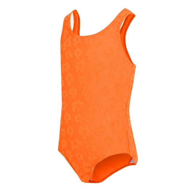 Regatta Girls Katrisse Floral Textured One Piece Swimsuit (Satsuma) 85% Polyester, 15% Elastane. Fabric: Stretch. Design: All-Over Print, Floral, Plain. Fastening: Pull-On. Back Style: Racerback. Neckline: Round Neck. Fabric Technology: Durable, Hardwearing. Sun Rating: UPF 40+.