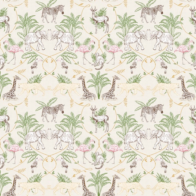The magnificent Serengeti landscape is captured in the tranquil wallpaper featuring all the best loved safari animals in a decorative swirling kaleidoscopic scenery. A neutral palette sits behind the design as it enhances its intricate detail. A compilation of giraffes, zebras, elephants, cheetah, monkeys, flamingos, and Toucans will add a touch of safari beauty wherever it is used. This wallpaper is a paste the wall application; simply paste the wall, hang your paper, and leave to dry. Each roll is 10m long and 52cm wide. Pattern repeat: 53cm Straight Match. Our Serengeti wallpaper can be used to paper the whole room or to create an eye-catching feature wall. This wallpaper is also wipeable so that any light marks can be dabbed away.