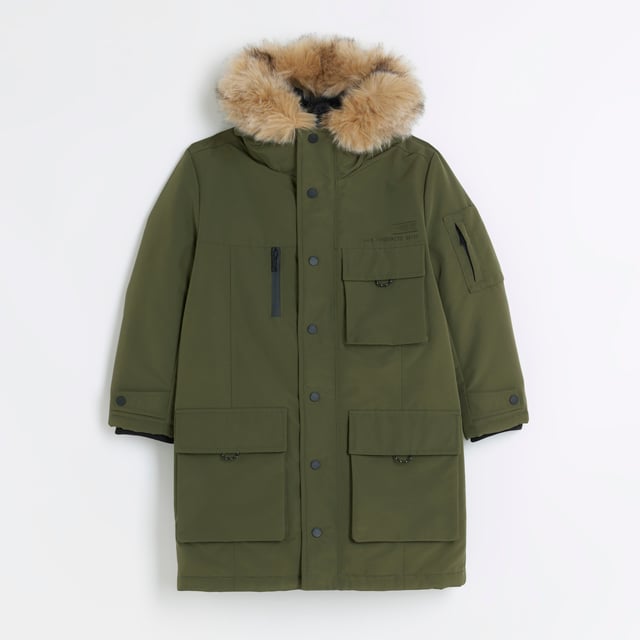 River Island Kids Boys Parka Coat Khaki Faux Fur Trim Hooded