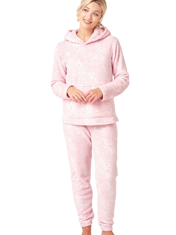 Fleece Hooded Pyjama Set. Long sleeve top with cuffed, full-length trousers. This product is recommended as machine washable, with similar colours.