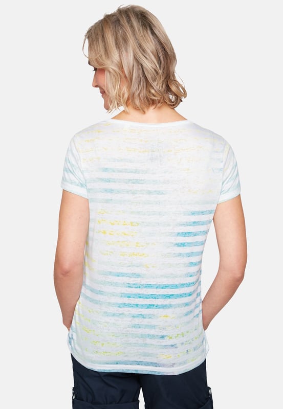 Het burnout T-shirt in een coole used look is een SOCCX-klassieker. Met een V-hals, kleurrijke strepen en een Pacific Pearls print op de voorkant van vloeiend materiaal. Een T-shirt dat je dat vakantiegevoel geeft.