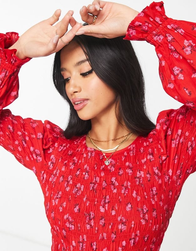 Miss Selfridge Petite shirred tea playsuit in red ditsy floral