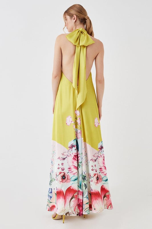 The Collector Twist Front Satin Halter Maxi Dress