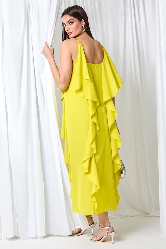 Plain Dipped Hem Ruffle Detail Midi Dress from Roman. Elevate your Summer wardrobe with this striking ruffle detail midi dress from the Ariella range. Featuring a elegant, cascading waterfall ruffle detail, this dress has a striking hi-low silhouette to add a touch of drama to your occasionwear. This sleeveless dress with a concealed back zip fastening is crafted from plain woven fabric and fully lined for maximum comfort. The metal trim on the shoulder straps provides a sophisticated edge. Whether you're attending a wedding or a formal dinner, style it with strappy heels and a clutch bag for event-ready glamour!