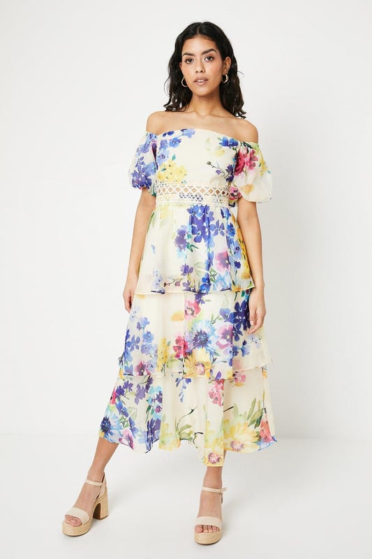 Petite Organza Floral Bardot Midaxi Dress