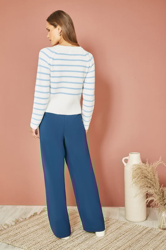 Gorgeous soft pastels for the new season all wrapped up in a cosy, soft and comfortable jumper. In a white and blue stripe, with  button details running from collar to sleeve. Style this with a pair of wide jean trousers for effortless chic.
