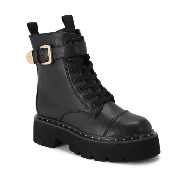 This KG Kurt Geiger Trick Lace Up Boot is a combat style boot with a gold tone buckled strap at the ankle. There is corresponding gold studs around the midsole.