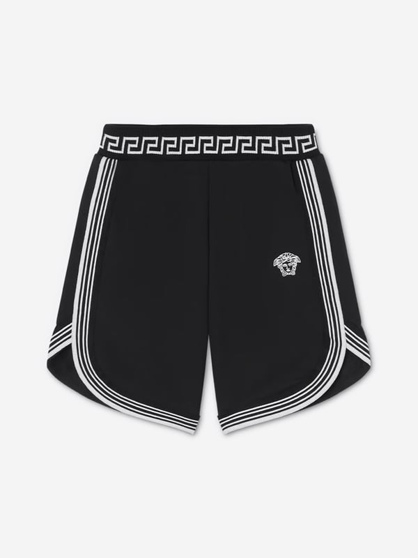 Versace envision bold, innovative abstracts in their beautifully crafted aesthetics. These boys shorts encapsulate the Italian label's passion for daring and unparalleled technology. Envisioned in soft cotton. They showcase the embroidered Medusa in white on the front with white stripes. The sophisticated pair are complete with an elasticated jacquard waistband and brand signature Greca motif.‚ Made in Italy‚ Machine Wash 30*C‚ 100% Cotton