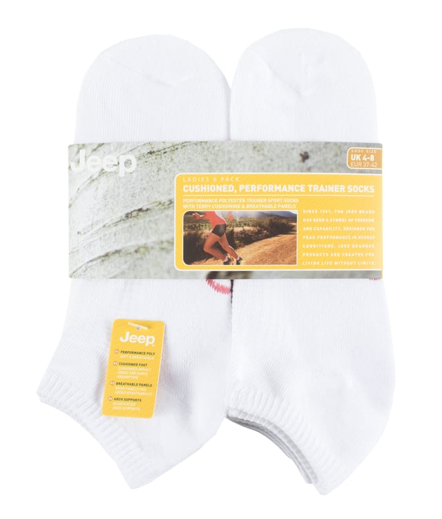 Jeep Socks for Women include all the durable and resilient qualities that the well-reputed brand is known for, but maintain the style and comfort that women have come to expect from their socks. This range of Ladies Jeep socks are perfect for matching your trekking gear, or even if you are looking to update your running gear. Ideal for the gym, these ankle length socks are made from polyester to keep your feet fresh and dry all day. These six pair of socks are also ideal to pack away for a getaway to the great outdoors. These socks have a lightweight feel about them but they're durability and resilience goes a long way whether you're going for a short jog or a long trek. The polyester blend feels soft to the touch which will help your feet feel comfortable. These socks feature terry loop cushioning throughout the toes, footbed and heels, but with a non-cushioned upper, and with breathable mesh panels woven into them. This helps to keep the feet ventilated and cool. The light padding of impact areas protects your feet and provides shock absorption without adding too much bulk or weight. A woven-in elastic arch support system is woven in a band that gently lifts the mid foot and helps to keep the socks in place on the foot. These socks are made from 95% Polyester 5% Elastane. They are available in a pack of 6. They come in a size 4-8 UK.
