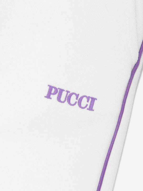 Emilio Pucci embody innovation and timeless luxury in their beautifully crafted designs. These girls ivory joggers are depicted in cotton jersey with an elasticated waistband, back 60s swirl multicolour print pocket and contrast 60s swirl trim. Complete with PUCCI printing and side pockets. She will look effortlessly up to date. ‚ Ribbed Cuffs/Hem ‚ 100% Cotton