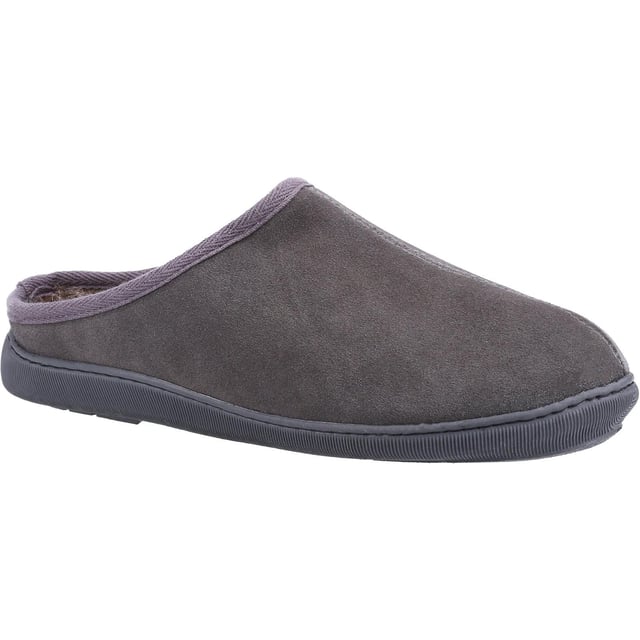 Hush Puppies Mens Ashton Suede Slippers (Grey) Upper: Suede. Lining: Faux Fur. Insole: Memory Foam. Outsole: TPR. Sole Features: Hardwearing. Fastening: Slip-on. Swing Tag. Flat. Design: Plain. Packaging: Gift Box. Suitable for: Indoor & Outdoor Use.