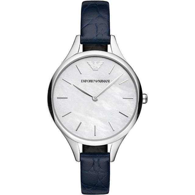 This ladies Emporio Armani from Aurora combination watch has a stunning and select look. It flashes with a sparkling white mother of pearl dial and silver-tone records. The impeccable case got together with the blue cowhide tie makes an exceptional climate. Quartz Movement. Emporio Armani watches are known for their logo at the most noteworthy mark of the dial. 
