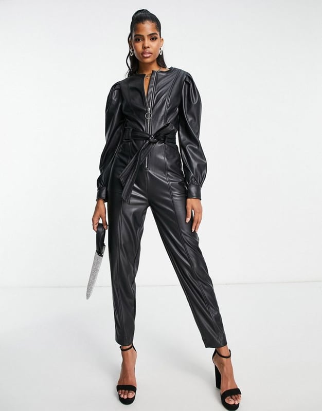 Miss Selfridge faux leather belted jumpsuit with zip detail in black