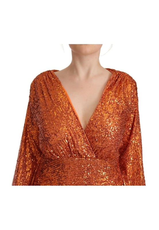 Aniye By Women's Orange Sequined Long Sleeves Mini Sheath Wrap Dress