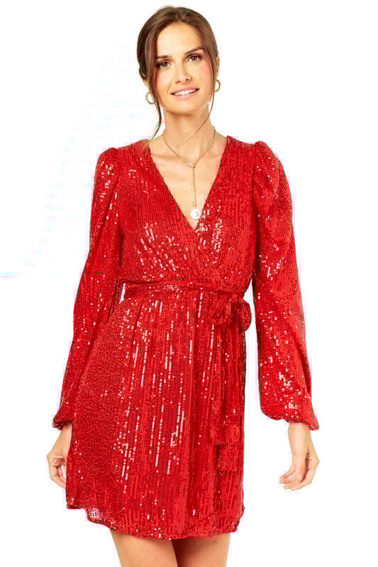 Bright red sequin dress sales