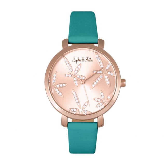 Polished Alloy Case; Precision Japanese Quartz Movement; Non-Glare Scratch-Resistant Mineral Crystal; Swarovski Crystals on Dial; Logo Engraved Stainless Steel Caseback; Genuine Leather Strap; Logo-Engraved Stainless Steel Clasp; 35mm Case Diameter; 3ATM Water Resistance;