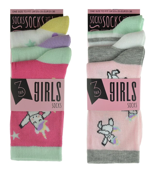 Unicorns! The legendary creature of myth and extremely popular animal that is loved by Girls everywhere. So what better way to show their Unicorn love than to have them on a pair of everyday socks? With a bunch of funky colours and styles these are essential for any Girls out there looking to show off Unicorn fandom. Maybe you know a little one in your life that would love these? Well that’s great because they’d make a perfect gift! They’re made from a soft and comfortable polyester so that they don’t have to sacrifice function for fashion. Not only do they have Unicorn images on them but some of the socks in the 6 pack have classic designs on them like stripes and hearts whichgive them plenty of choice when choosing an outfit for the day. These socks are a regular ankle length, come in a 6 pack and have mixed colours like Pink, Mint Green, Cream and more. They’re made out of 98% Polyester, 2% Elastane, come in 3 Girls sizes - 9-12, 12.5-3.5 and 4-6 and are safely machine washable.