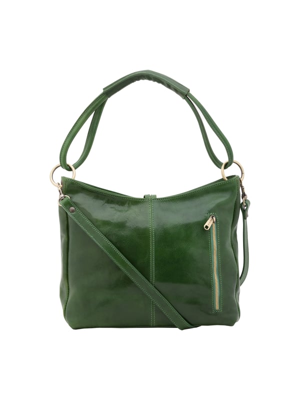 Bolso bandolera para mujer. El cierre es con cremallera. Hay dos bolsillos internos con cremalleras. Los bolsillos externos son uno en la espalda con cremallera. La bandolera es extraíble en piel. El mango es de piel. Hay dos compartimentos internos. El material exterior es auténtica piel de vacuno. Internamente está forrado en algodón. Medidas: 29x32x11 cm. Hecho en Italia