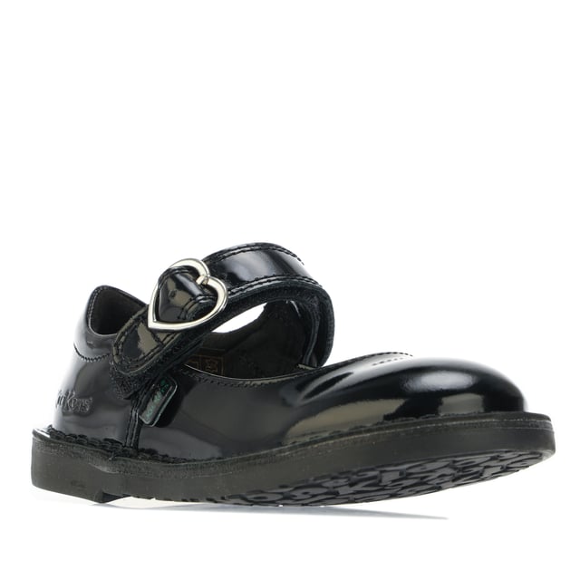 Infant Girls Kickers Adlar Heart Patent Shoe in black.- Leather upper.- Hook & loop strap fastening.- Branded tab and Kickers' debossed detailing at the heel.- Silver tone heart buckle.- Rubber sole.- Ref: 116240
