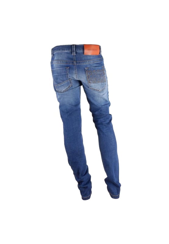 Dark blue jeans
  Regular fit
  5 pockets
  Red inner Bikkembergs logo
Material: 98% Cotton 2% Elastane