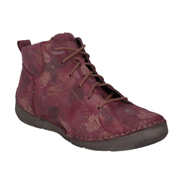 Im Herbst und Winter wirst Du Dich in diese rote Damen-Stiefelette aus Leder verlieben. Die sportliche Schnürung gibt dem Fuß beim Gehen und Stehen guten Halt. Für den Herbst und Winter ist der Schuh mit hochwertigem Textil warm gefüttert. Die herausnehmbare Sohle kannst Du im Handumdrehen wechseln. Die präzise Handnaht überzeugt qualitativ. Aufgrund der Normalschuhweite G empfehlen wir unsere Fergey 97 besonders für normale Füße. Mit diesem Modell Fergey 97 hast Du einen auffallend unauffälligen Schuh für die Freizeit an Deiner Seite.