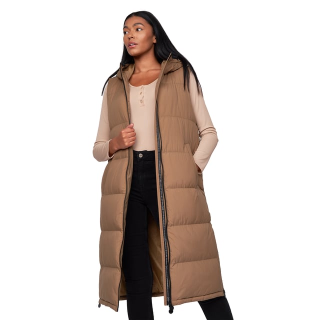 100% Nylon. Design: Logo, Quilted. Neckline: Hooded. Padded. Sleeve-Type: Sleeveless. Hood Features: Grown On Hood, Toggle Adjuster. Length: Longline. Pockets: 2 Side Pockets, Welted. Fastening: Full Zip, Two Way Zip. Hem: Split, Zipped. 10 UK: 34 in. 12 UK: 36 in. 14 UK: 38 in. 16 UK: 40 in.