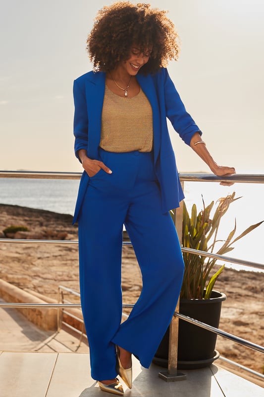 That colour looks great on you Cut for a comfy but chic relaxed fit Flattering wide-leg silhouette you can dress up or down Add the matching blazer for maximum impact Let the cobalt pop with a simple white top Do smart-casual with sandals or trainers, elevate them with wedges and heels Inside leg to fit: Short 29" | Regular 31" | Long 33"