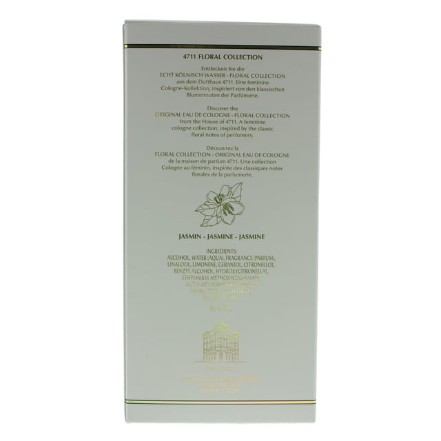 4711 Jasmine Eau de Cologne by 4711 is an oriental floral fragrance for women and men. Top notes are bergamot and tea. Middle notes are jasmine and neroli. Base notes are cedar, tonka bean and musk. 4711 Jasmine Eau de Cologne was launched in 2019.