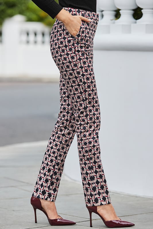 Burgundy Geometric Print Tapered Leg Trousers