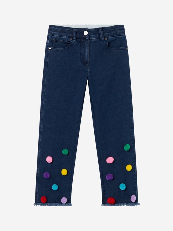Introducing the Stella McCartney Girls Pom Pom Jeans in Blue ‚ a luxurious must-have for AW2024. These designer jeans blend whimsy with sophistication, perfect for your young fashionista. Key features include: Distinctive Pom Pom Details: Charming pom poms add a fun, eye-catching twist. Premium Comfort Fit: Crafted with soft, high-quality fabric ensuring all-day comfort. Versatile Blue Hue: Easily coordinates with various tops and accessories.Revamp her wardrobe with Stella McCartney‚  creative flair. Order now to add exclusive style to her adventures!