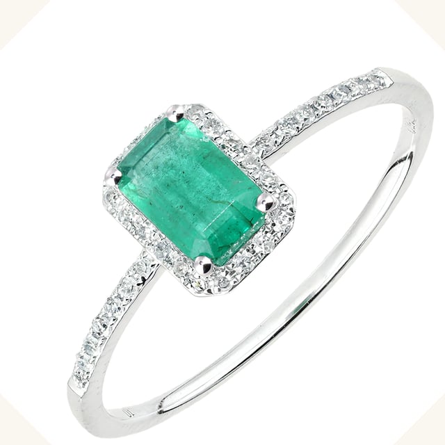 Oro blanco de 18 quilates (750): 1,48 g; # Diamante: 0,11 quilates; # Esmeralda: 0.6ct