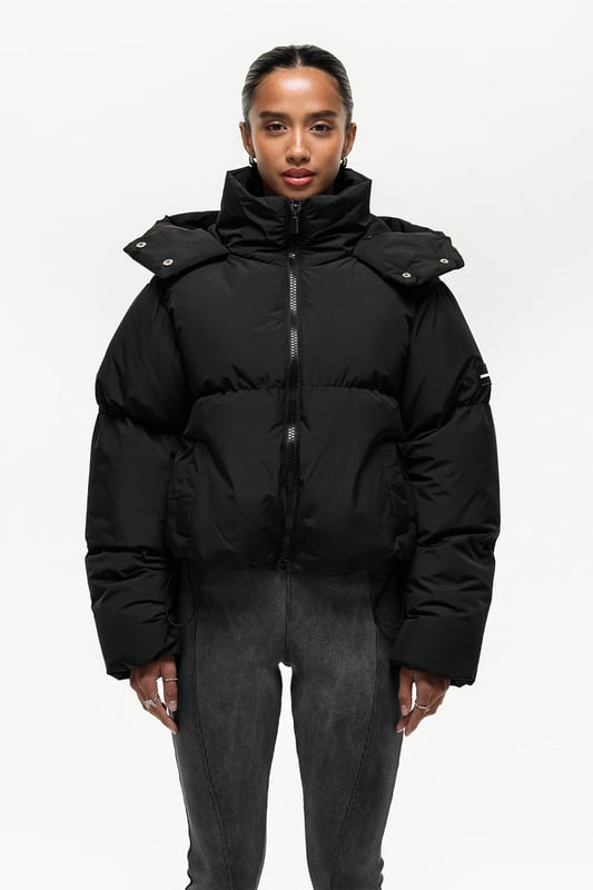 Black Cropped Hooded Puffer Jacket