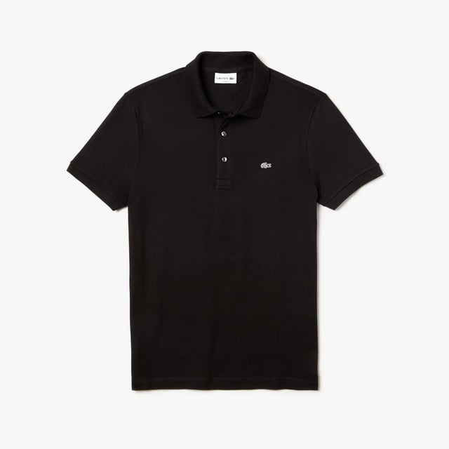Mens Lacoste Slim fit Stretch Cotton Piqué Grey Crocodile Polo Shirt 3-button placket  Stretch cotton petit piqué Slim fit  Ribbed collar and armbands  Gray embroidered crocodile on chest