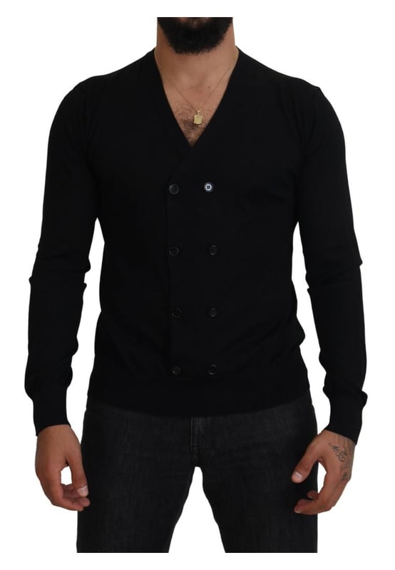 Brand: Dolce & Gabbana
  Color: Black
  Material: 100% cashmere
  Style: Button-down cardigan sweater
  Closure: Full button
  Details: Logo details
  Made in Italy