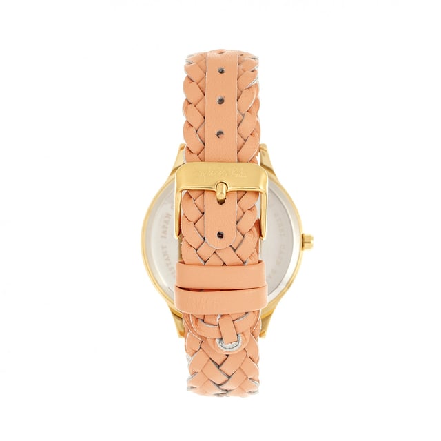 Polished Alloy Case; Precision Japanese Quartz Movement; Non-Glare Scratch-Resistant Mineral Crystal; Swarovski Crystal on Dial; Logo Engraved Stainless Steel Caseback; Genuine Leather Woven Strap; Logo-Engraved Stainless Steel Clasp; 36mm Case Diameter; 3ATM Water Resistance;