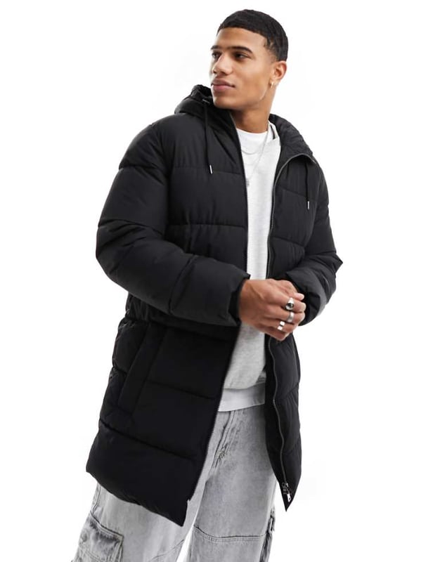 ONLY & SONS longline hood puffer jacket in black Jackets & Coats by Only & Sons Head-to-toe warmth Toggle hood Zip fastening Side pockets Longline cut Regular fitSold By: Asos